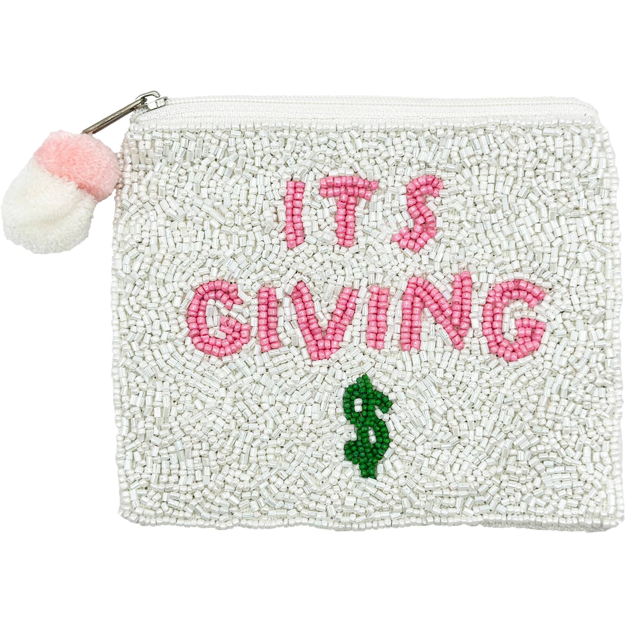 White beaded pouch with pink text 'ITS GIVING' and a green dollar sign on a white background