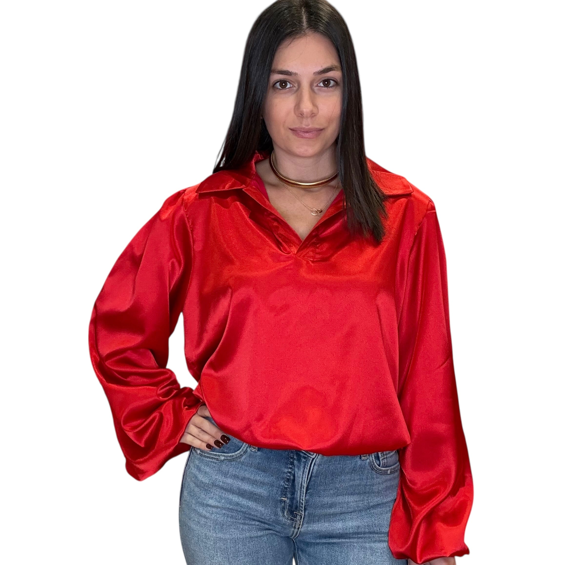 model wearing red satin balloon sleeve blouse