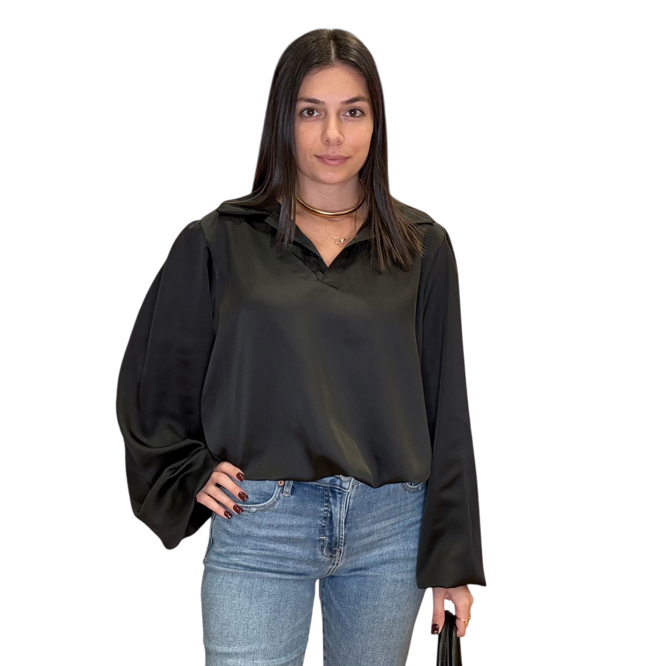 model wearing black satin balloon sleeve blouse