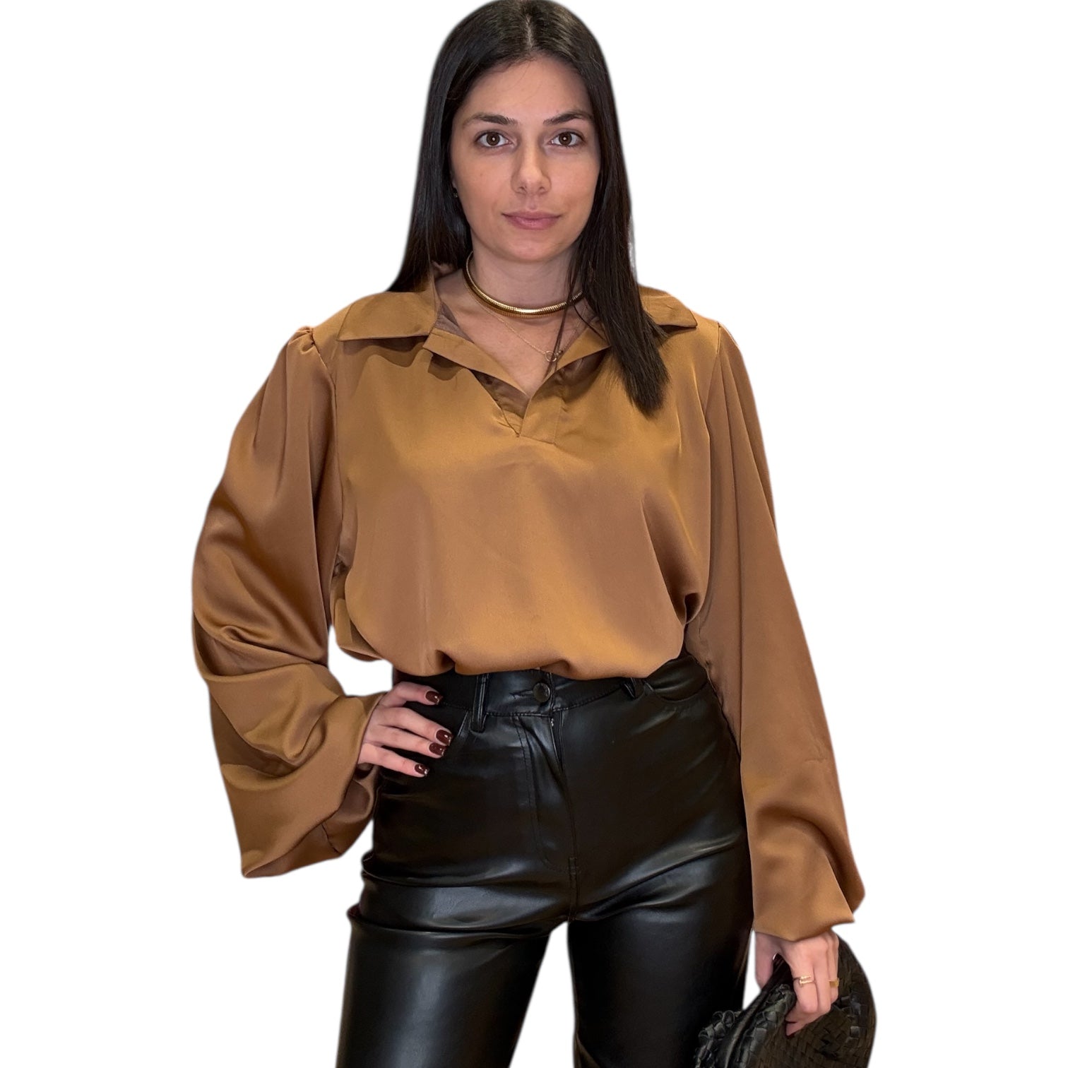 model wearing camel satin blouse