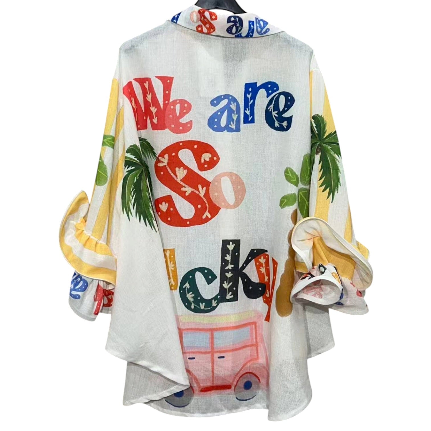 Colorful shirt with text and graphics on a white background