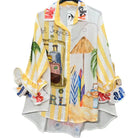 Colorful shirt with tropical-themed design on a white background