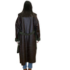 model wearing long olive coat