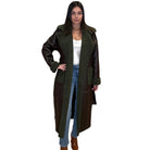 model wearing long olive coat