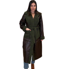 model wearing long olive coat