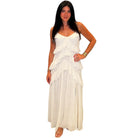 Woman wearing a ivory dress on a white background