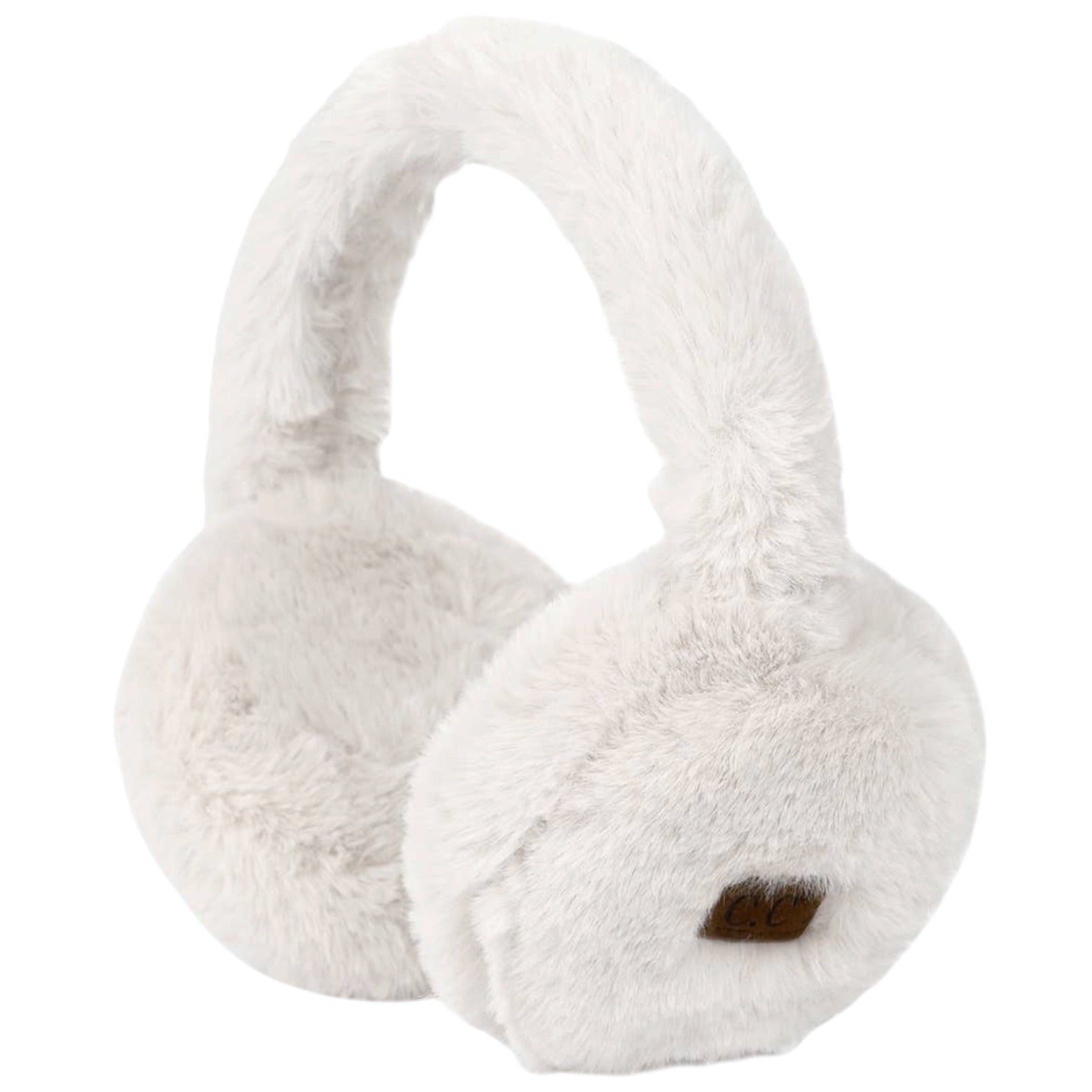 White fluffy earmuffs with a small brown accent patch on the right cup, shown against a plain white background.