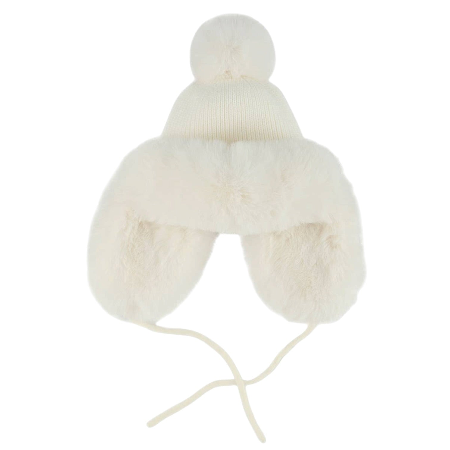 An off-white knit winter hat with a matching faux fur ear warmer and pom-pom, featuring adjustable chin ties, shown against a plain white background.