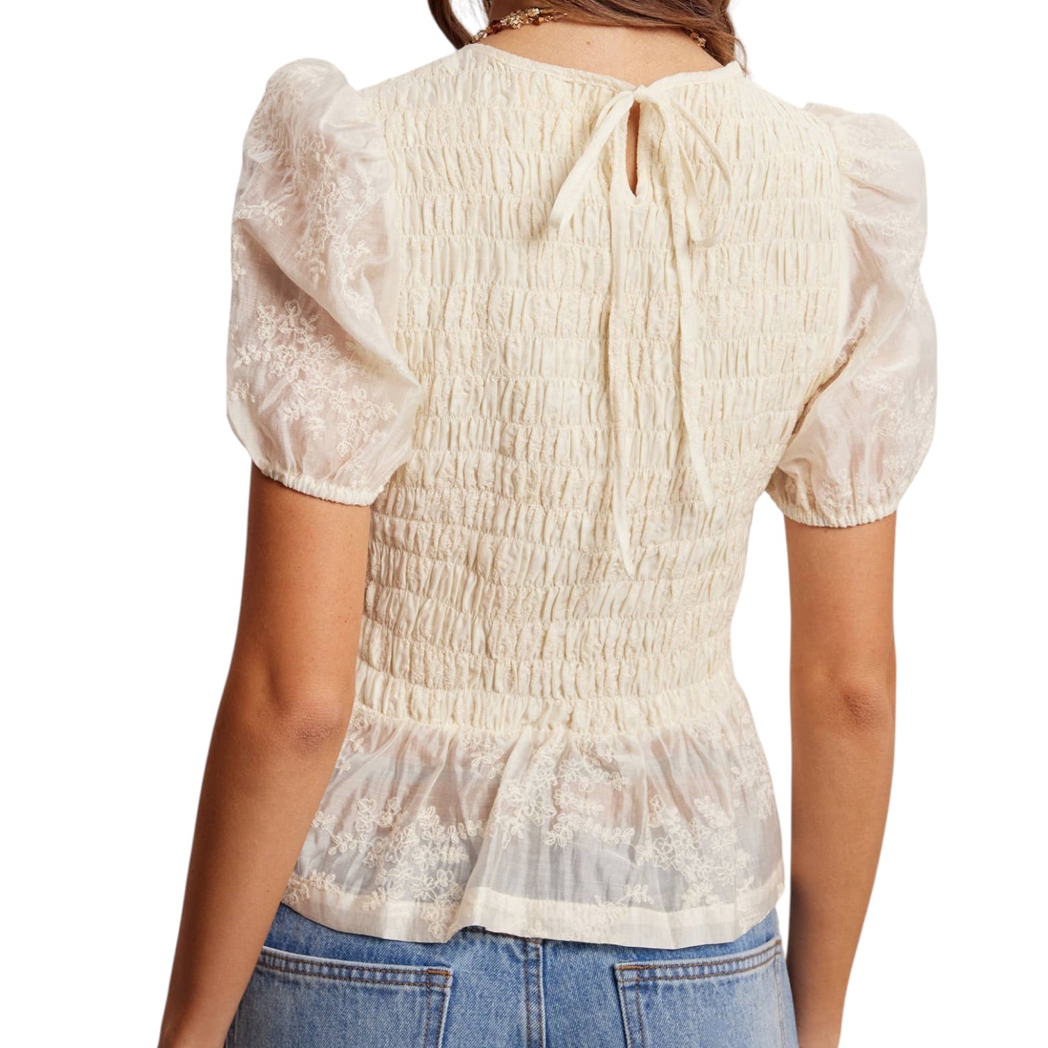 White blouse with puffed sleeves worn by a person on a white background