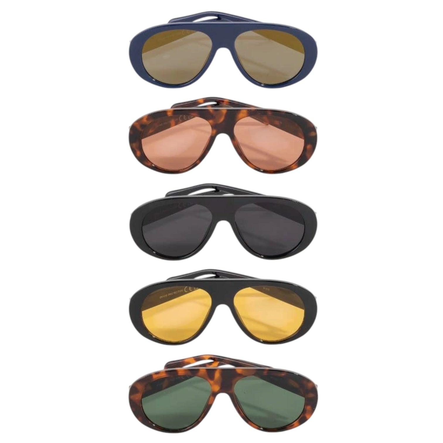 Five pairs of sunglasses with different frame designs and lens colors on a white background