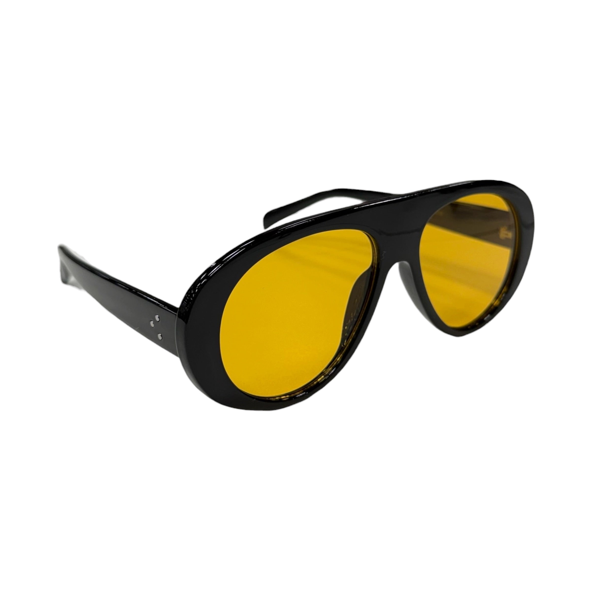 Black-framed sunglasses with yellow lenses on a white background