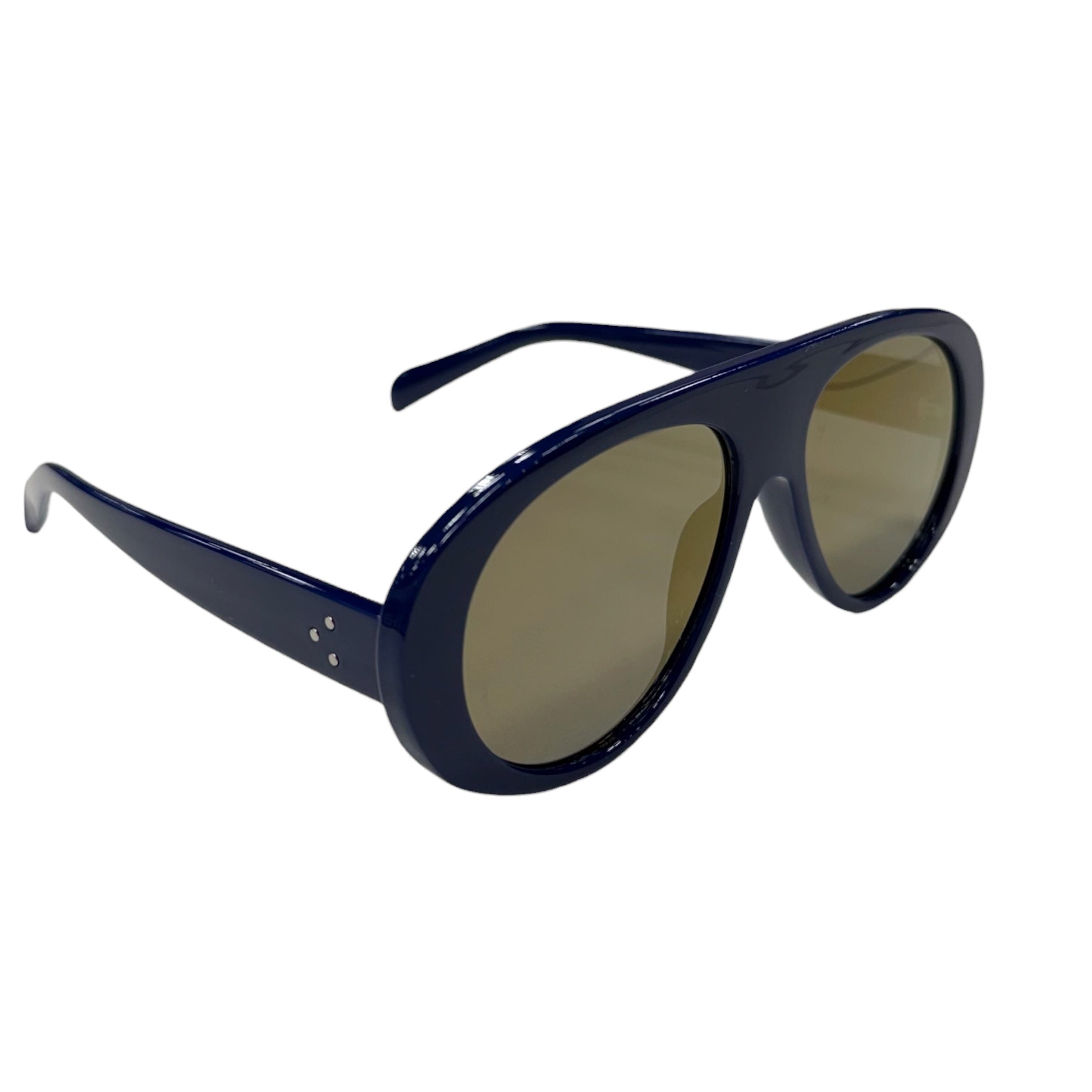 Navy blue sunglasses with gold lenses on a white background