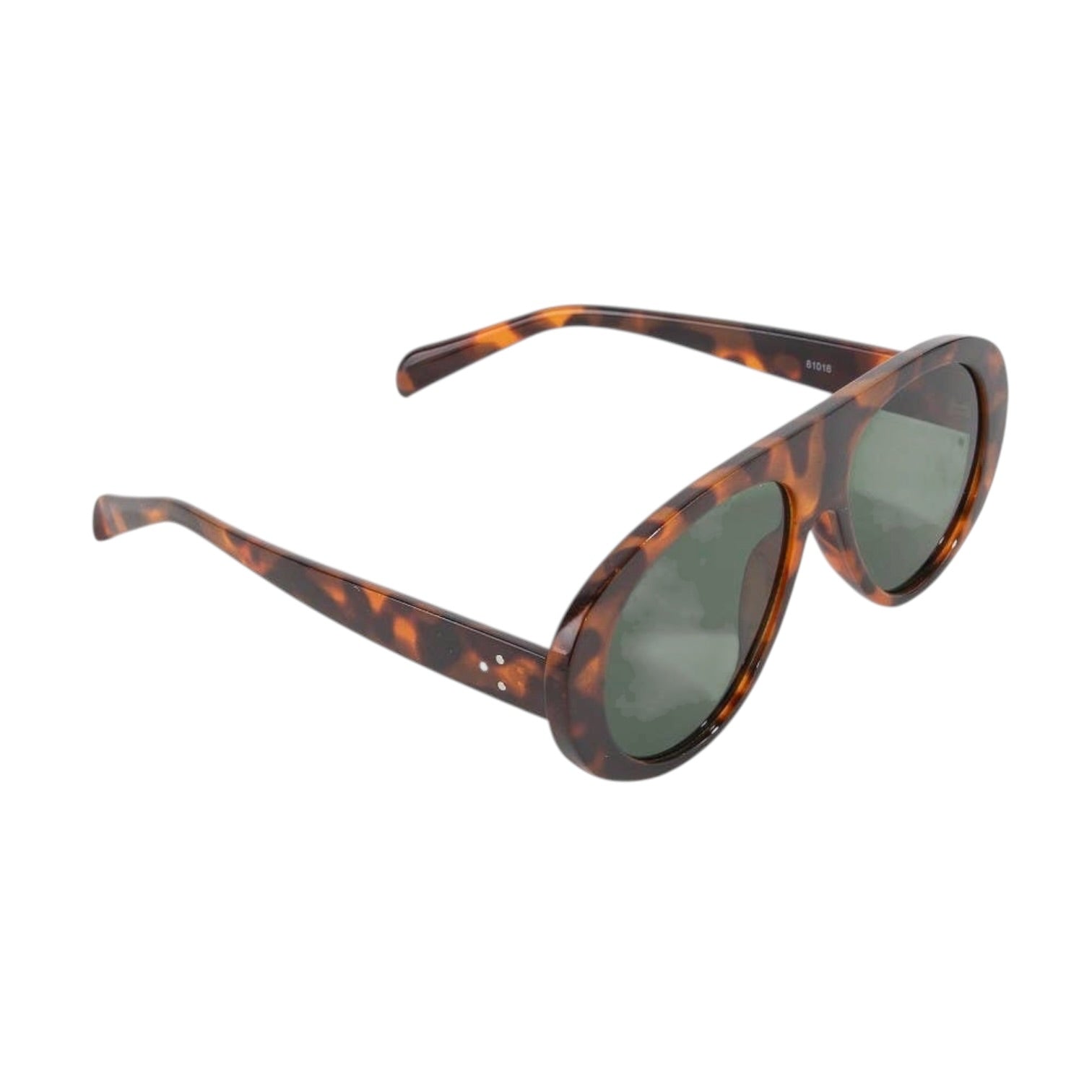 Sunglasses with tortoiseshell frame and dark lenses on a white background