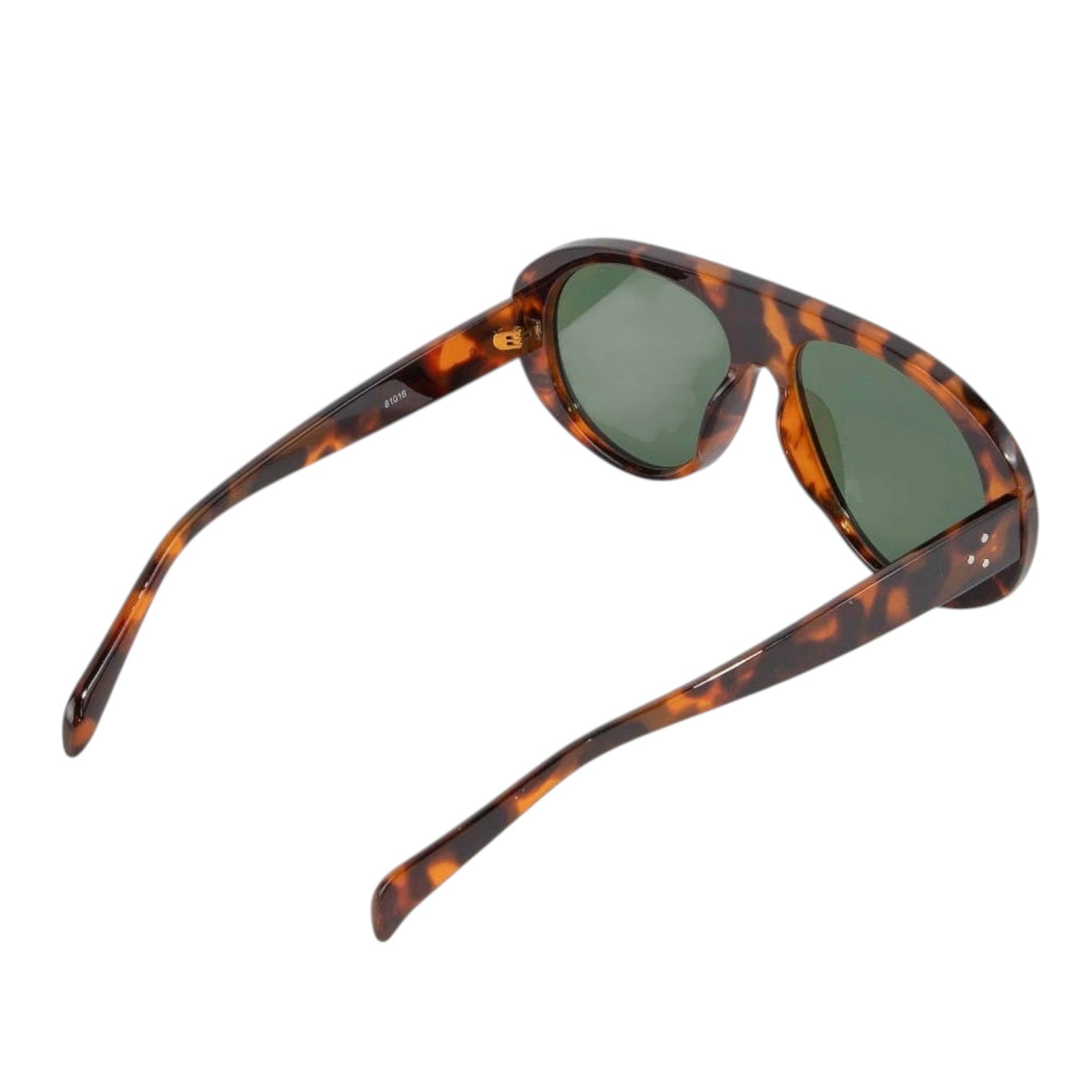 Sunglasses with tortoiseshell frame and green lenses on a white background