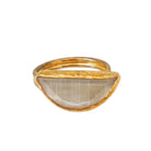 Gold ring with a triangular stone on a white background
