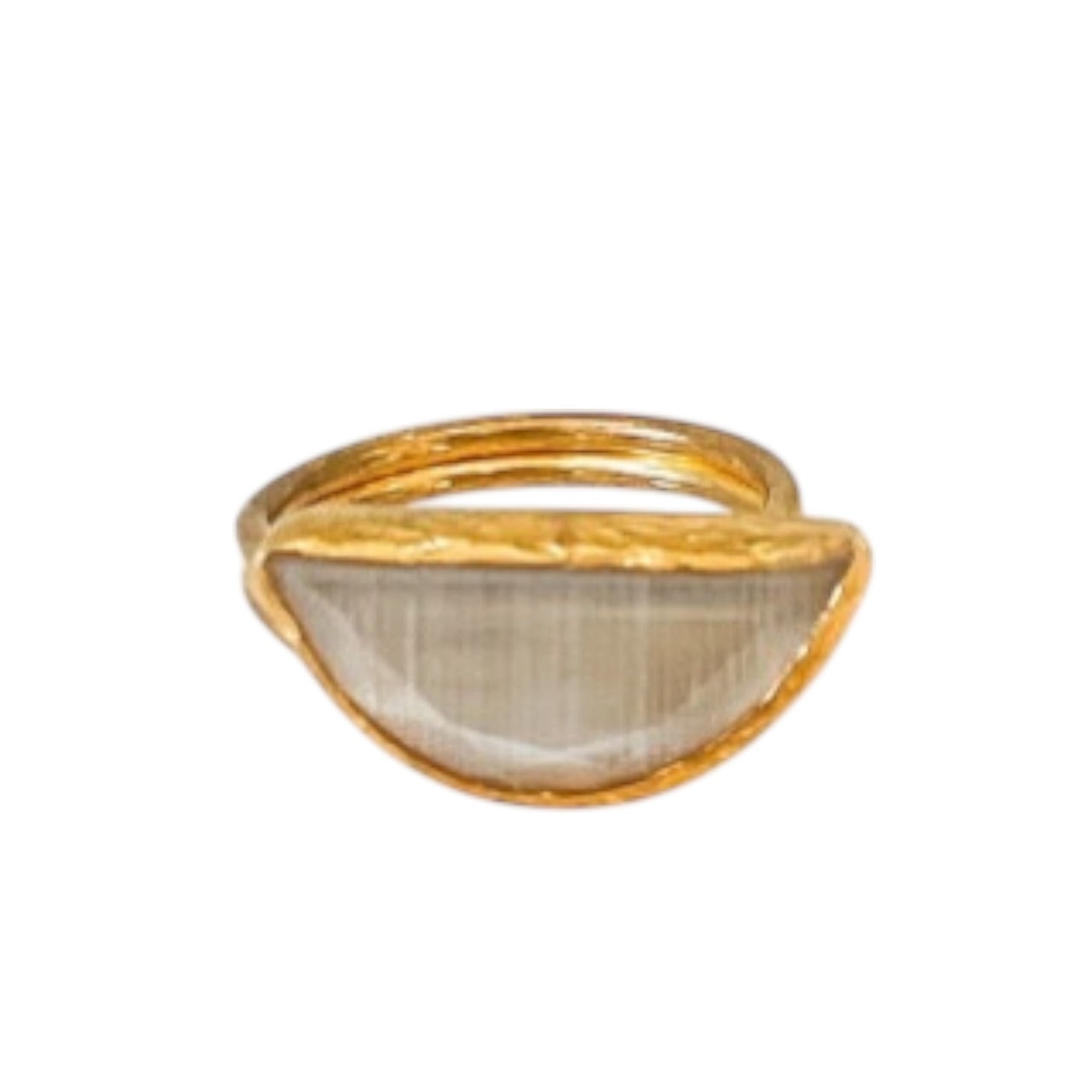 Gold ring with a triangular stone on a white background