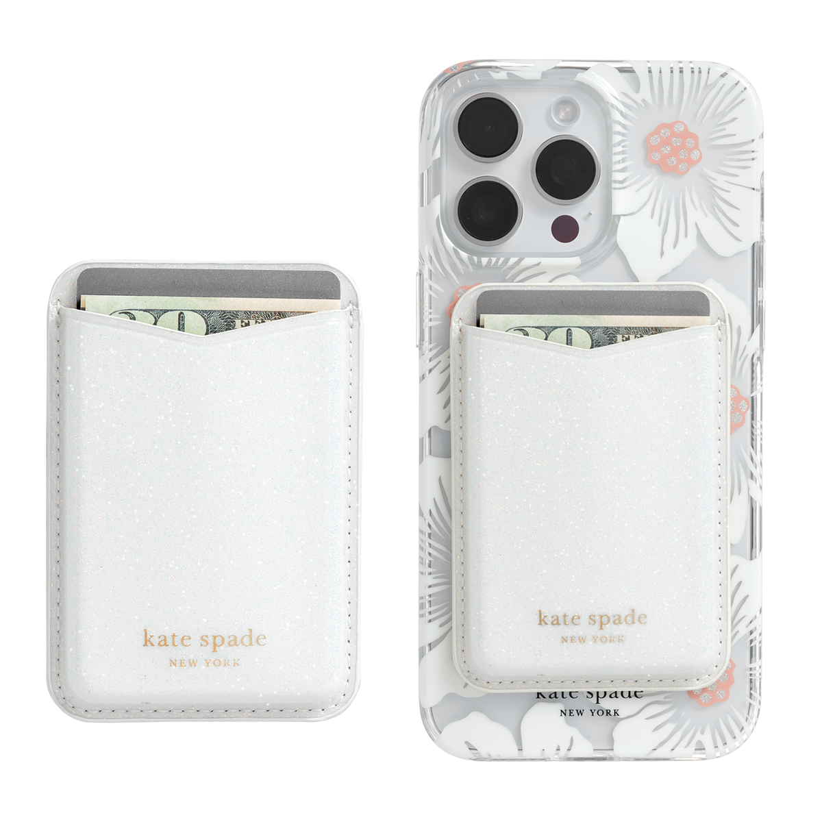 Phone case with card holder and floral design by Kate Spade New York on a white background