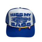 Blue and white cap with 'Kiss My Bass' text and fish illustration on a white background