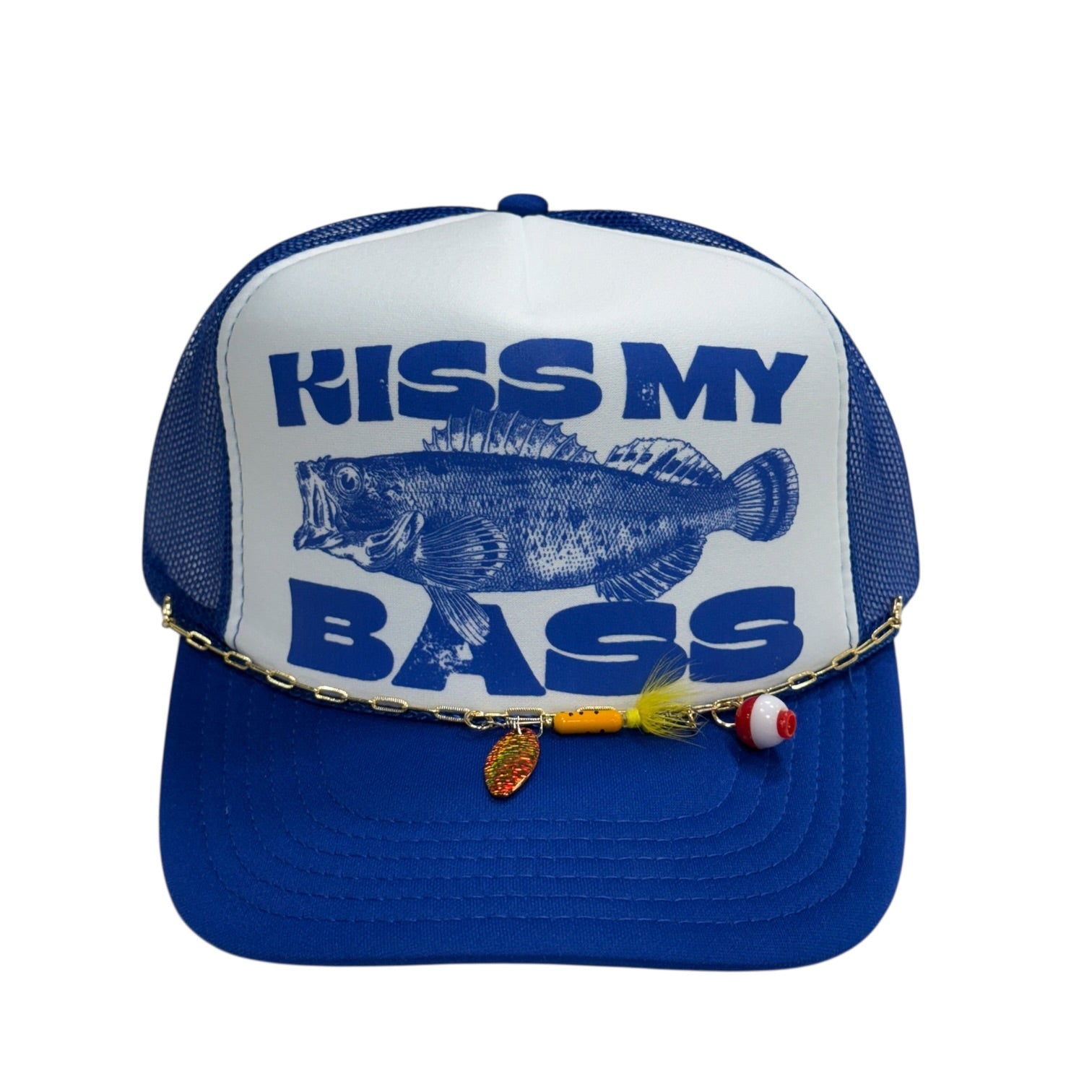 Blue and white cap with 'Kiss My Bass' text and fish illustration on a white background