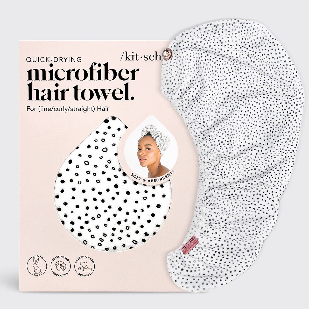 Kitsch microfiber hair towel with packaging on a light gray background
