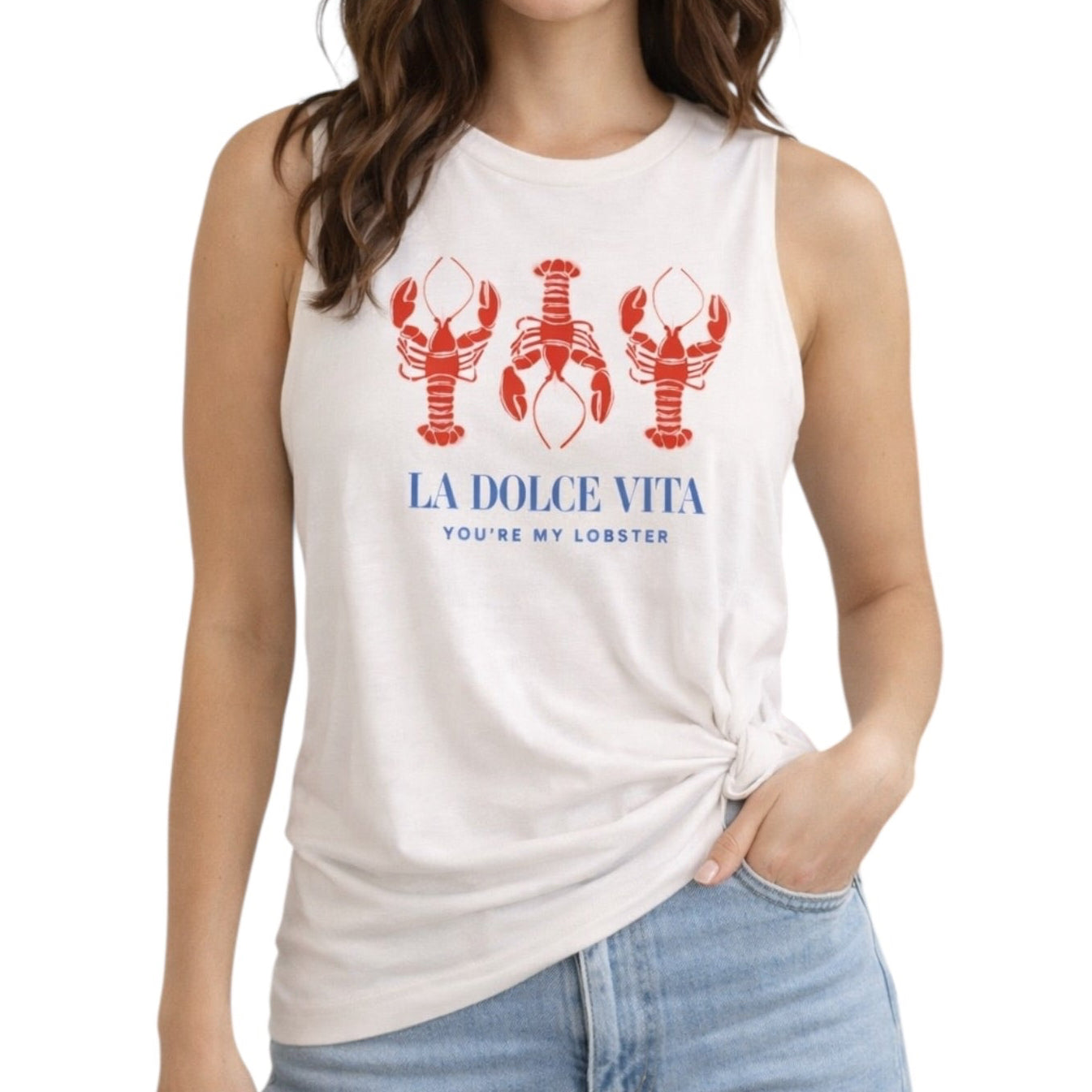 Woman wearing a white sleeveless shirt with red lobster graphics and text on a white background