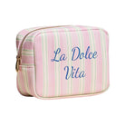 Striped pouch with 'La Dolce Vita' text on a white background