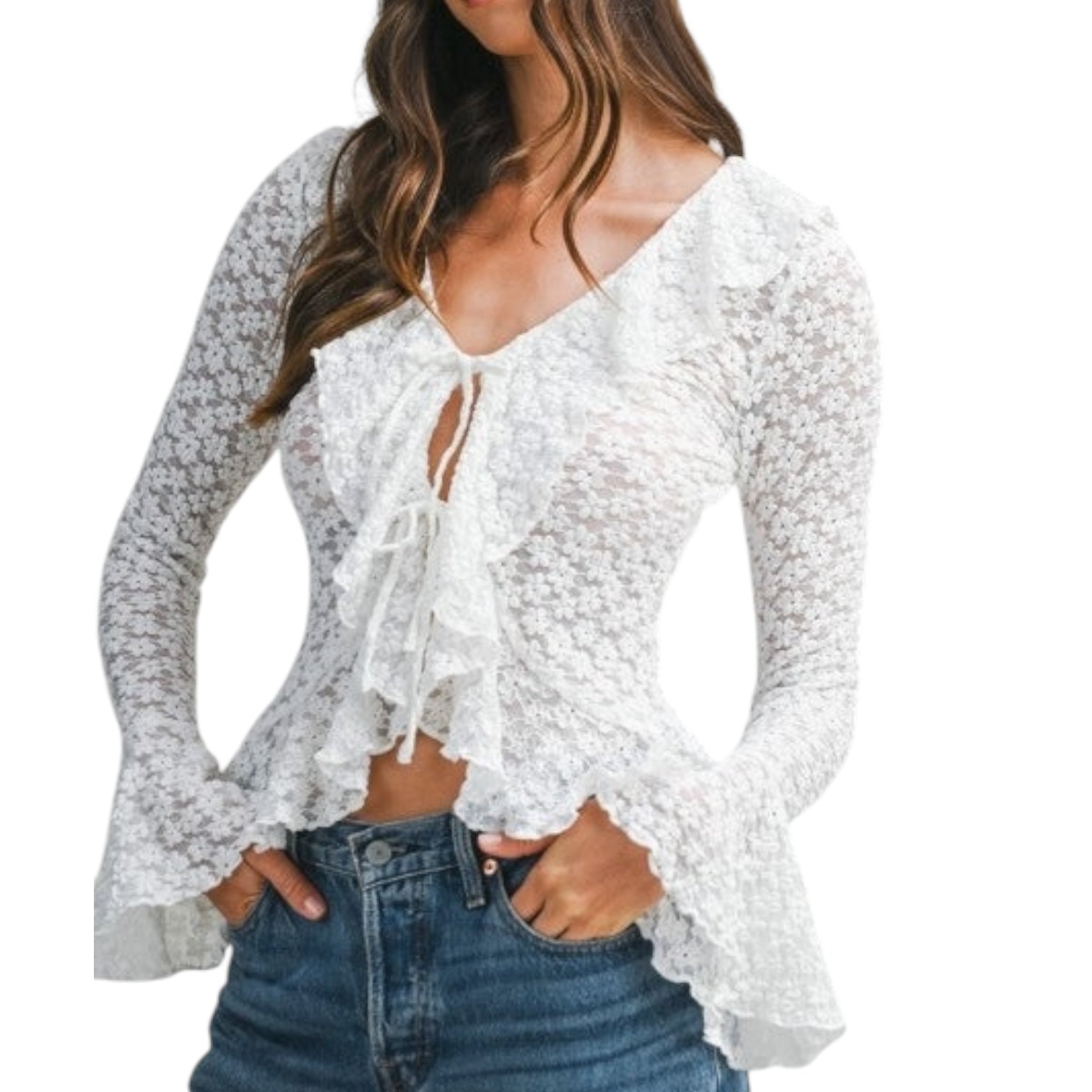 Woman wearing a white lace top with long sleeves and blue jeans on a white background
