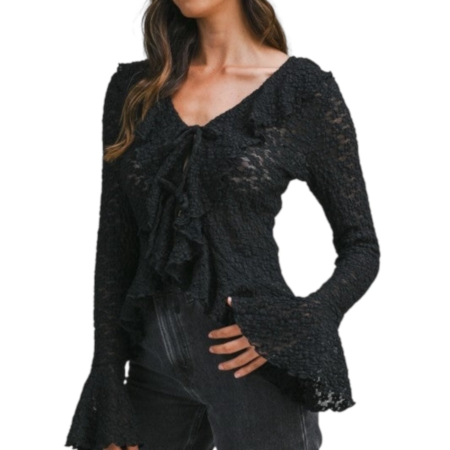 Black textured sweater with ruffled details on a white background