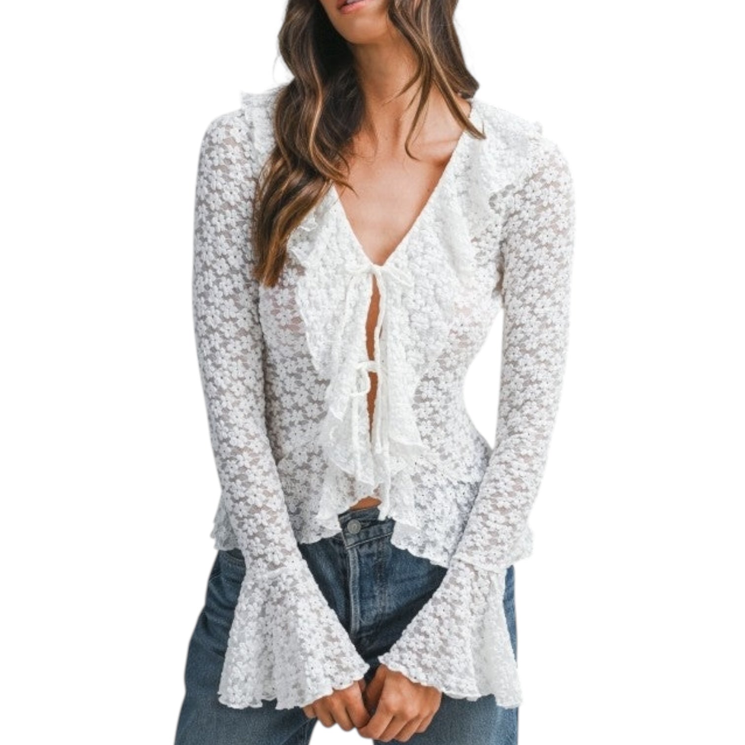 Woman wearing a white lace top with long sleeves on a white background