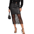 A model wearing a black faux-leather pencil skirt with a sheer black lace overlay, styled with a black cardigan, black handbag, and black high-heeled sandals against a white background.