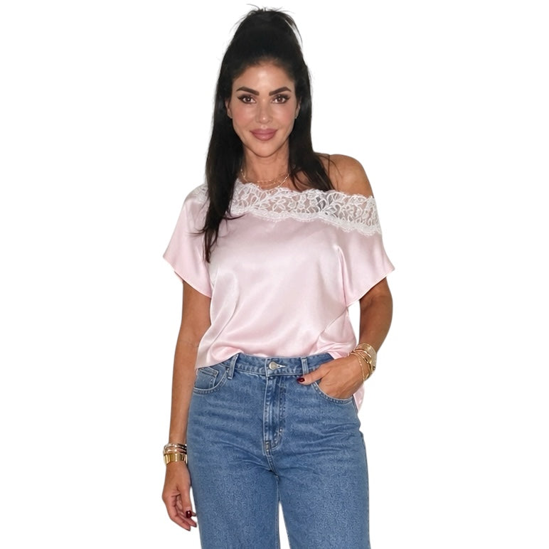 Lace Trim Boat Neck Satin Blouse- Pink – Alicia DiMichele Boutique