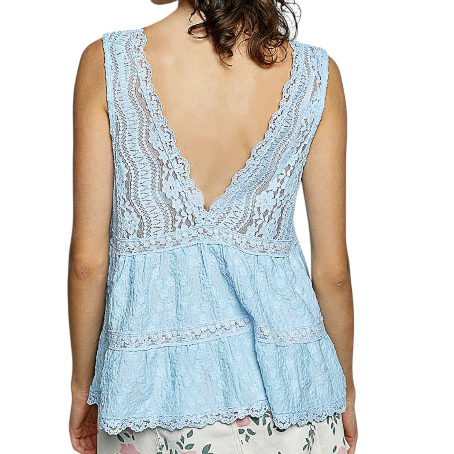 Lace-Trim Deep V Knit Tank- Blue – Alicia DiMichele Boutique