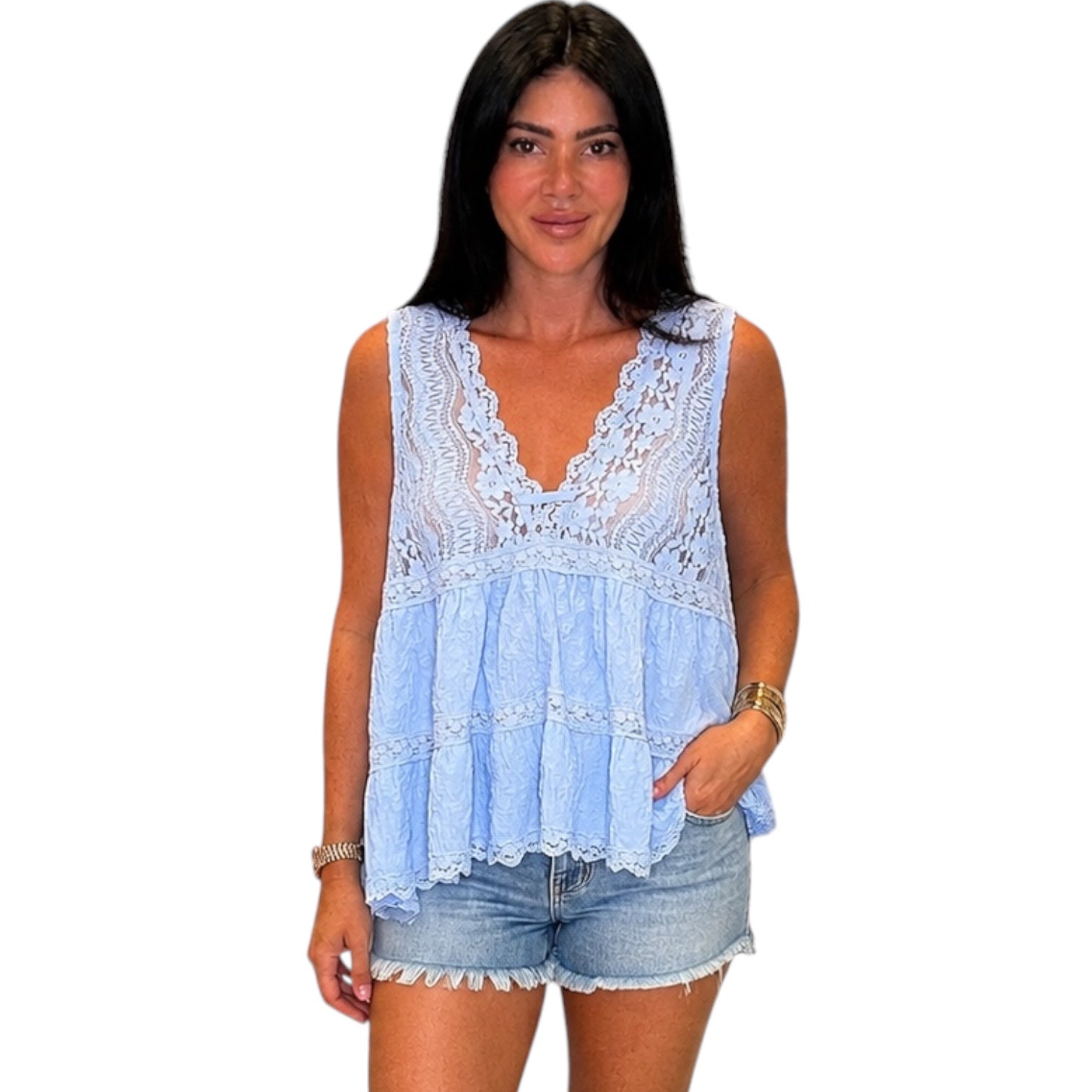 Lace-Trim Deep V Knit Tank- Blue – Alicia DiMichele Boutique