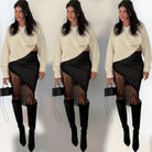 Three identical images of a woman wearing a beige sweater, black skirt with lace detailing, and black knee-high boots.
