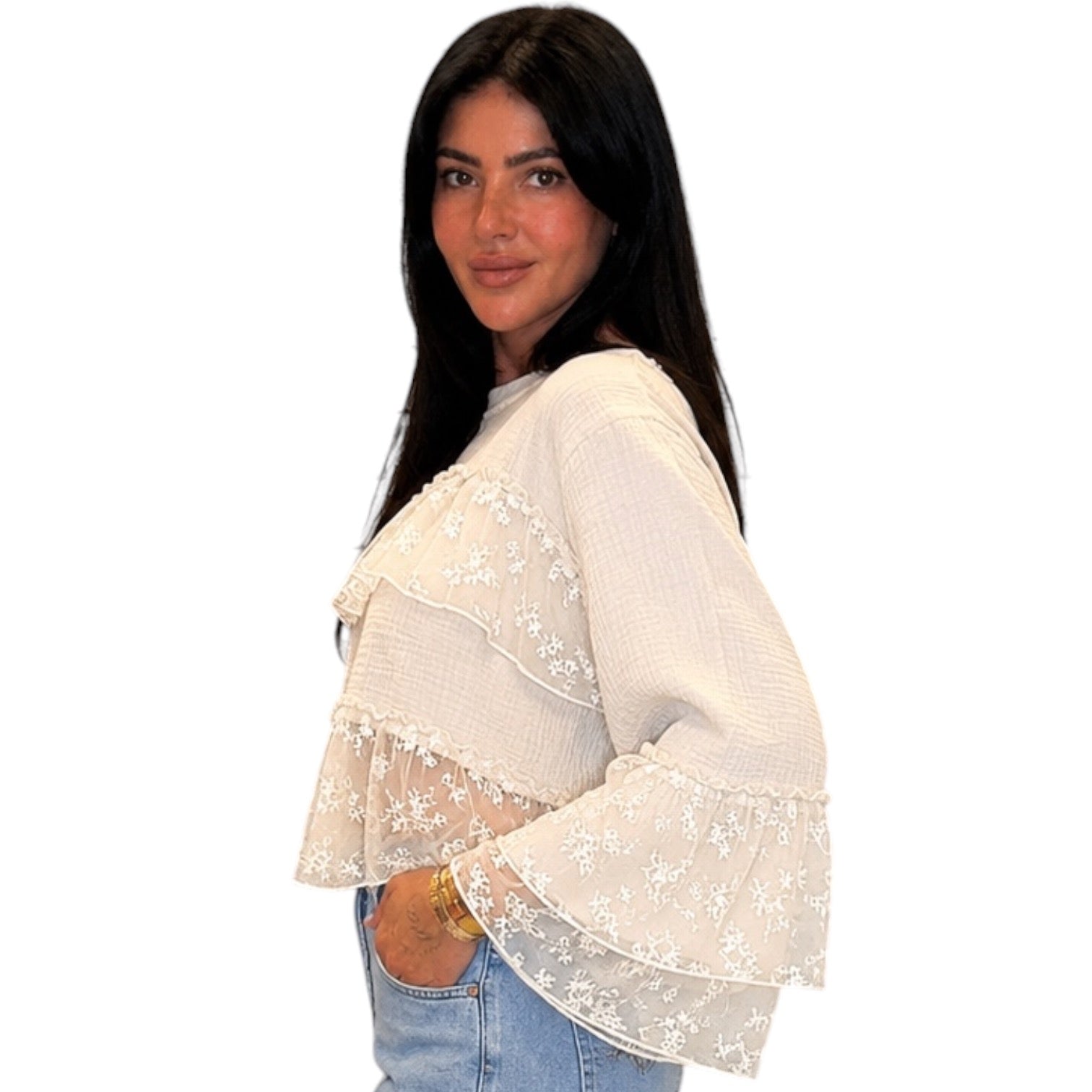 Natural Lace Ruffle Double Gauze Blouse – Alicia DiMichele Boutique