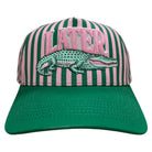 Striped cap with alligator and 'LATER' text on a white background