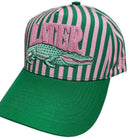 Green and pink striped cap with alligator logo and 'Lakiner' text on a white background