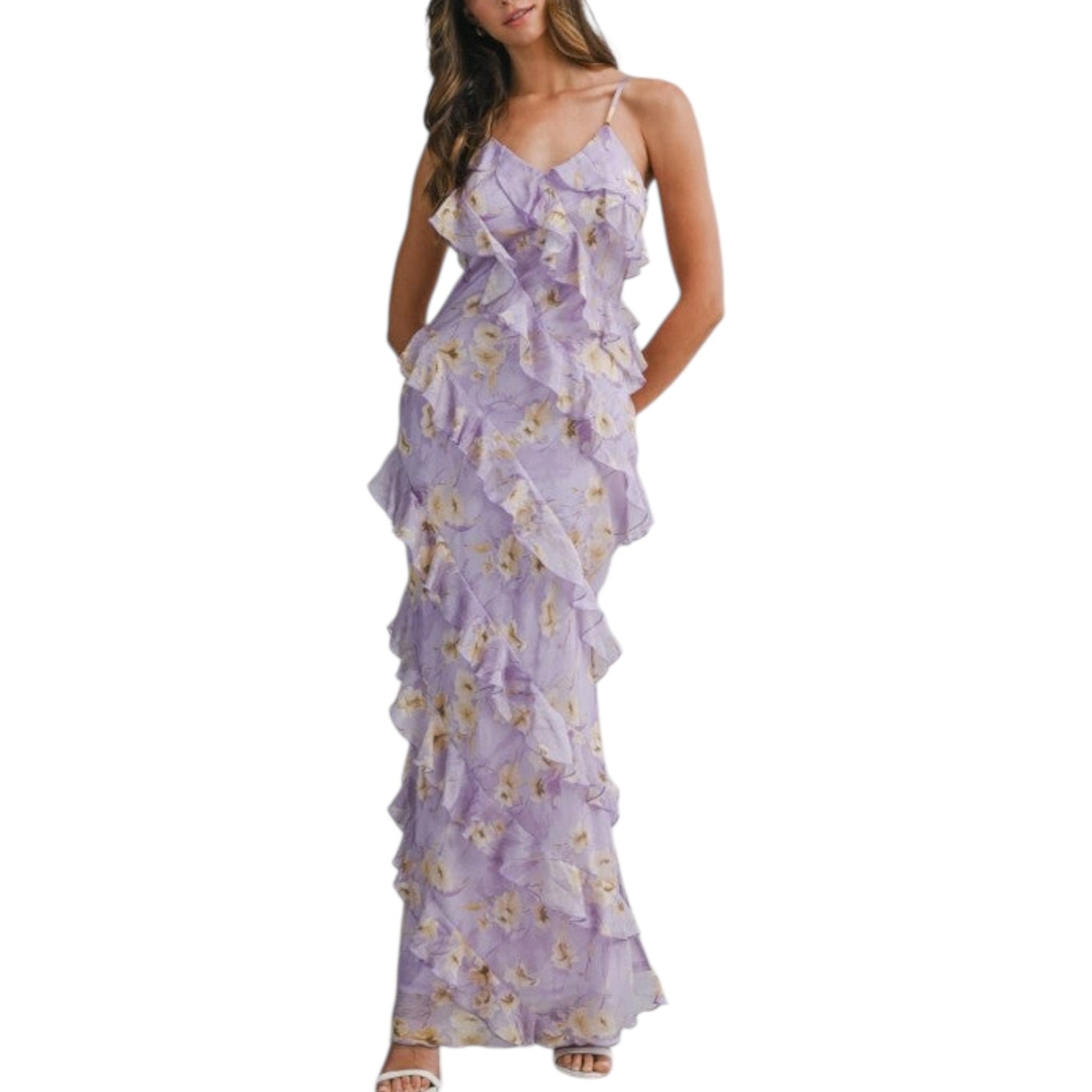 Woman wearing a lavender floral dress on a white background