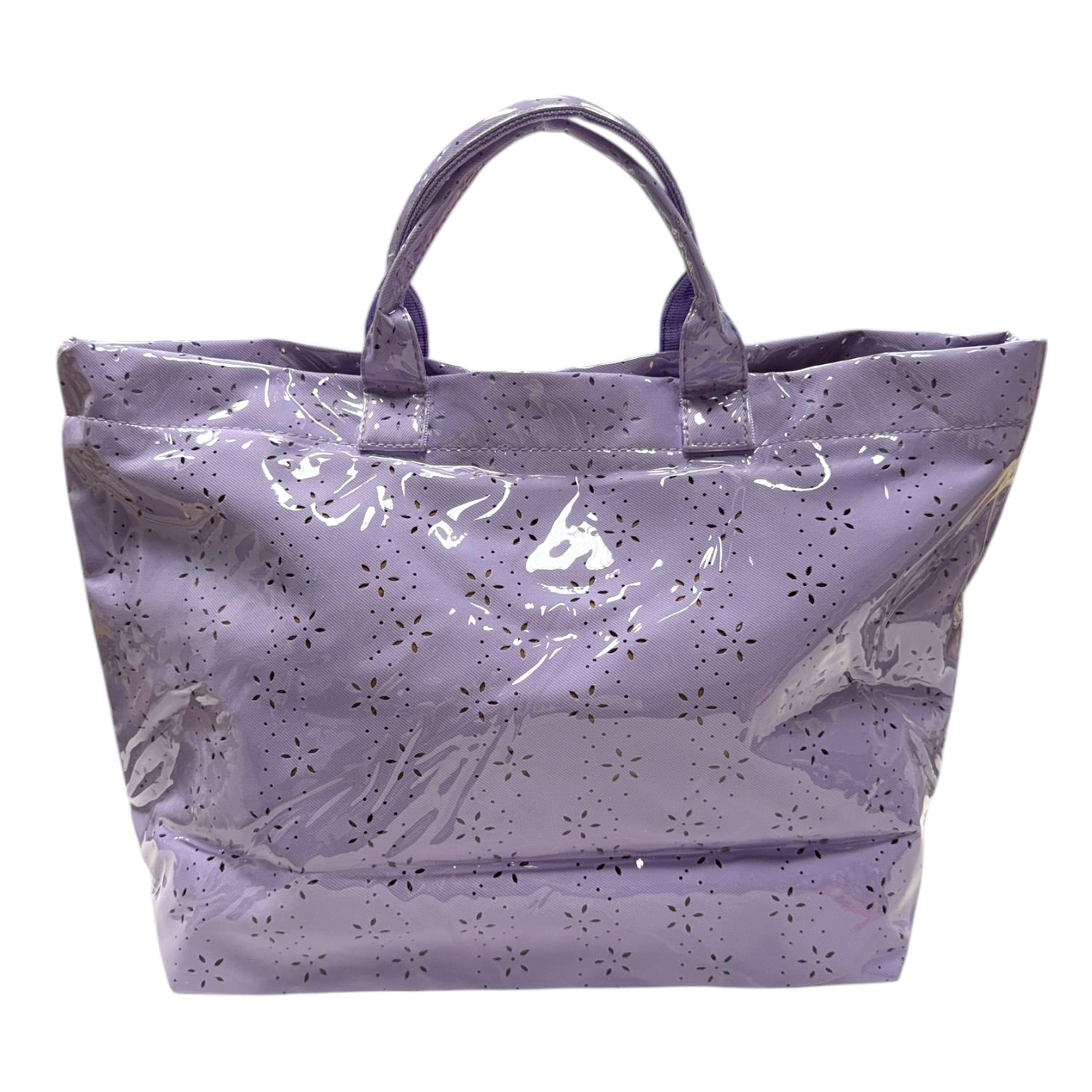 Purple tote bag with floral pattern on a white background