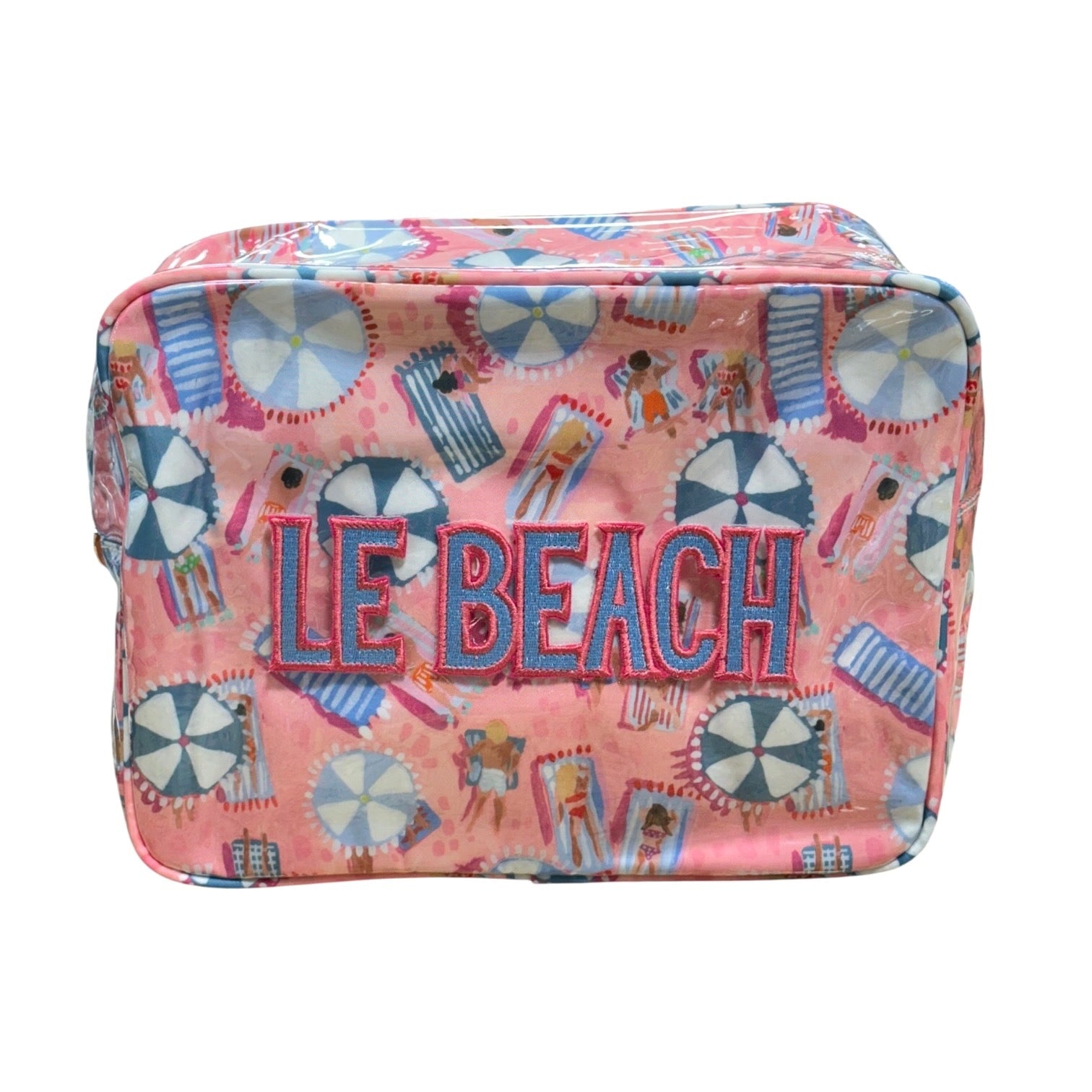 Pink beach-themed pouch with 'LE BEACH' text on a white background