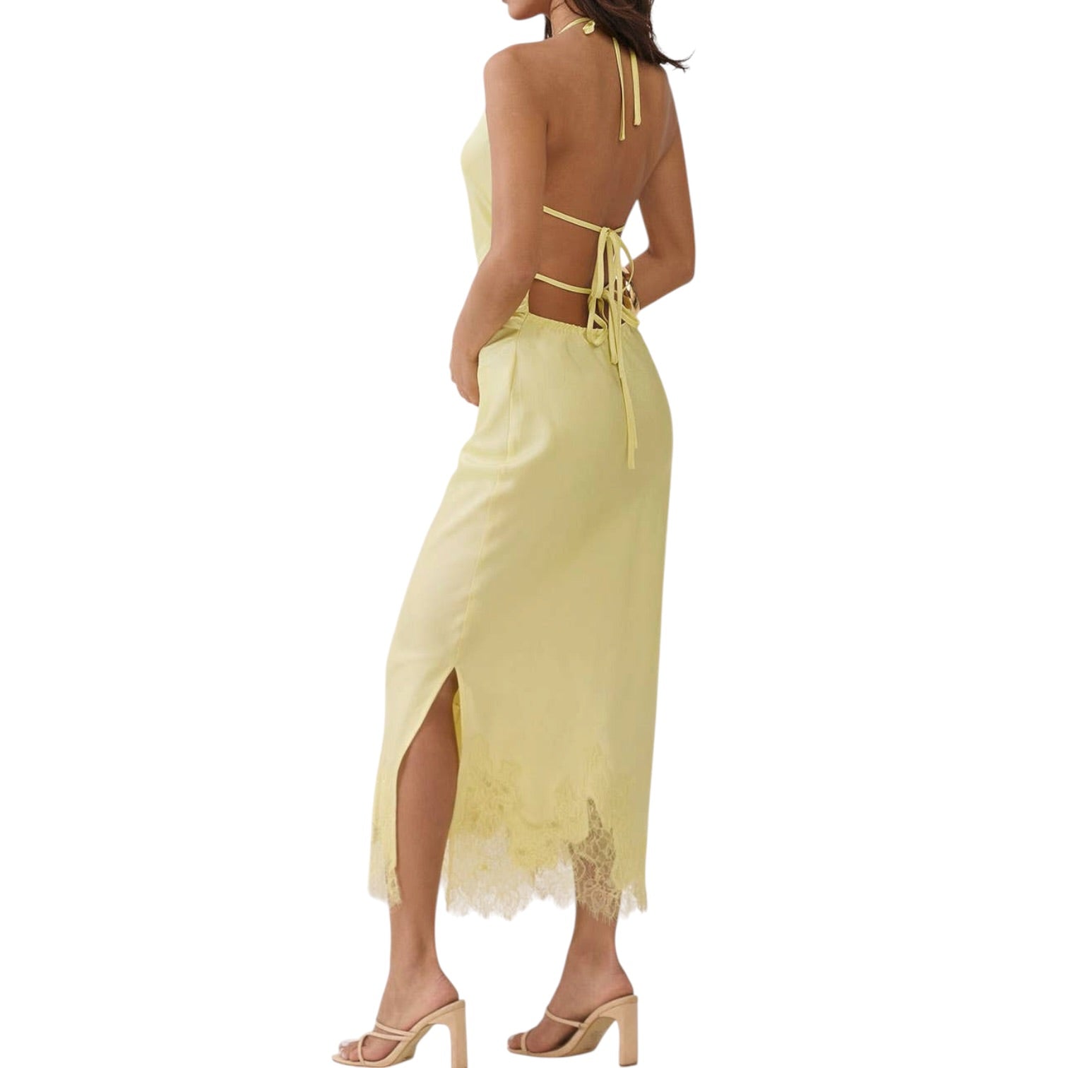 Yellow dress with lace details on a white background
