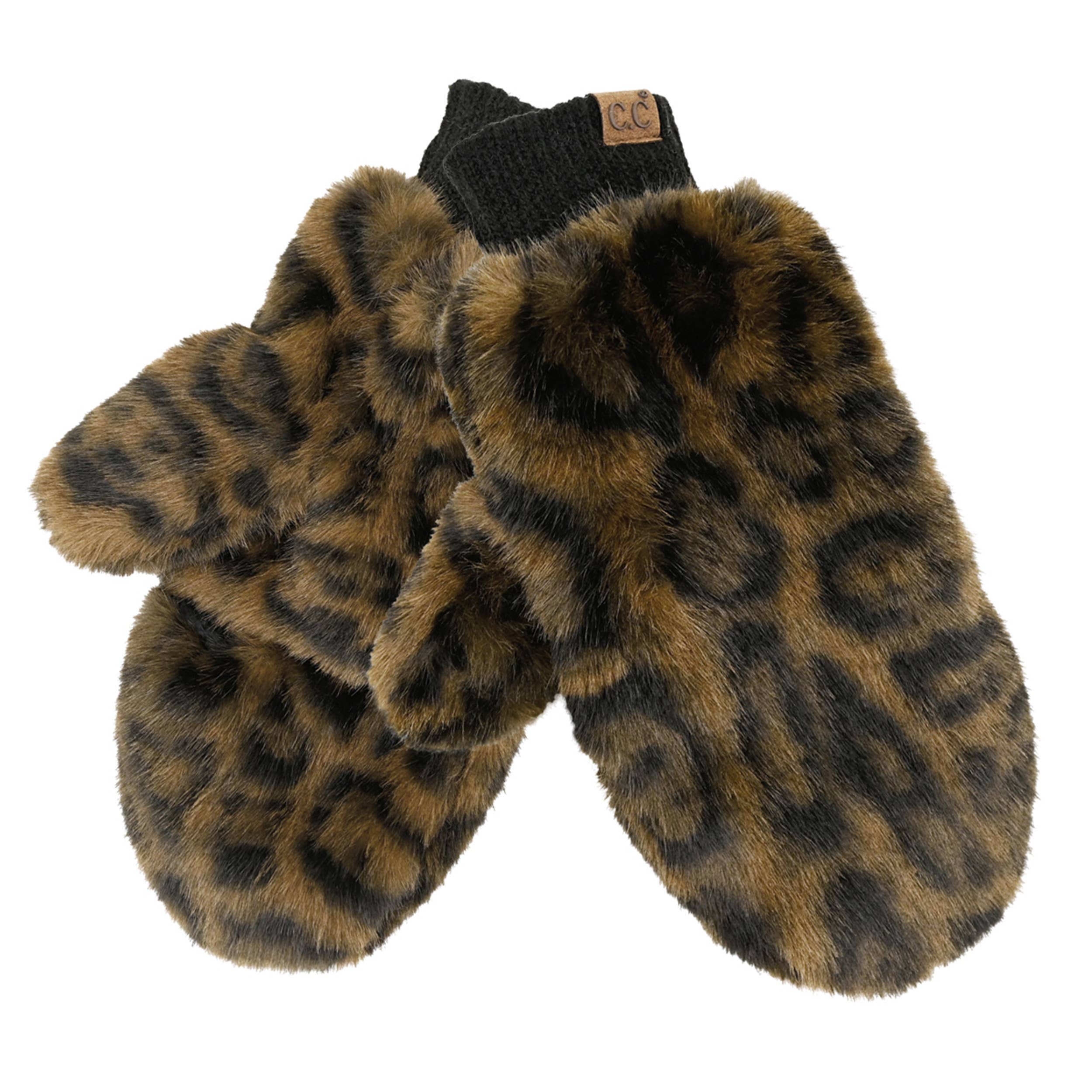 Leopard faux-fur convertible mittens, cozy flip-top winter hand warmers.