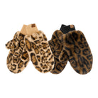 Two pairs of faux-fur winter mittens with leopard print patterns, one in beige and brown and one in black and brown, displayed side-by-side on a white background.