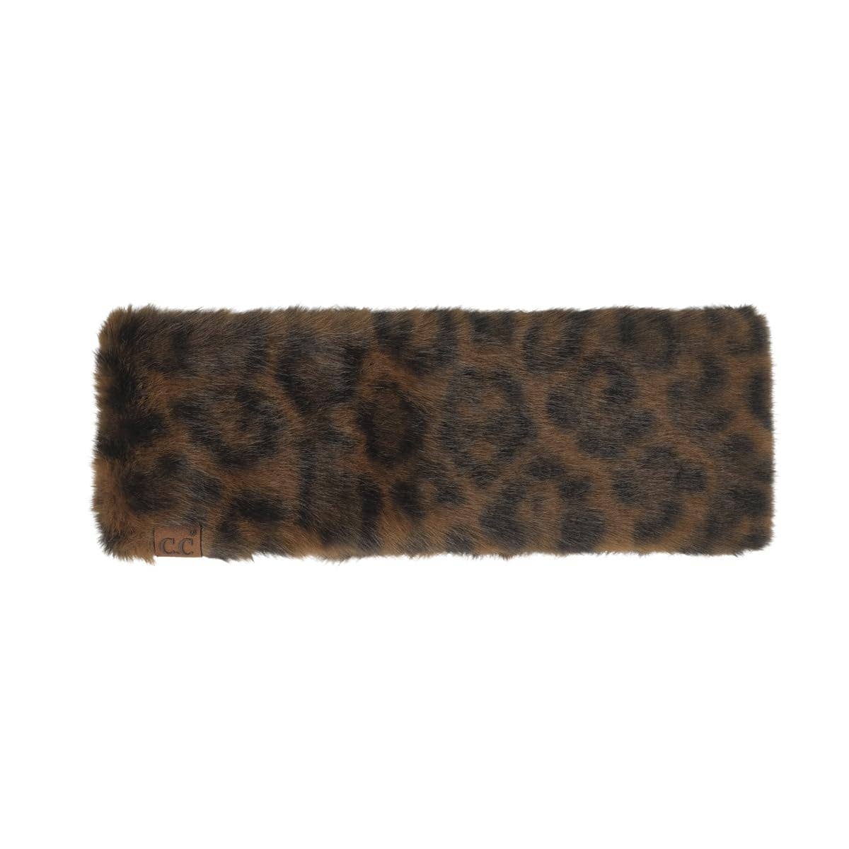 A rectangular faux fur headband with a brown and black leopard print pattern, shown flat against a white background.