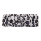A plush faux fur headband with a gray and white leopard print pattern, shown against a plain white background.
