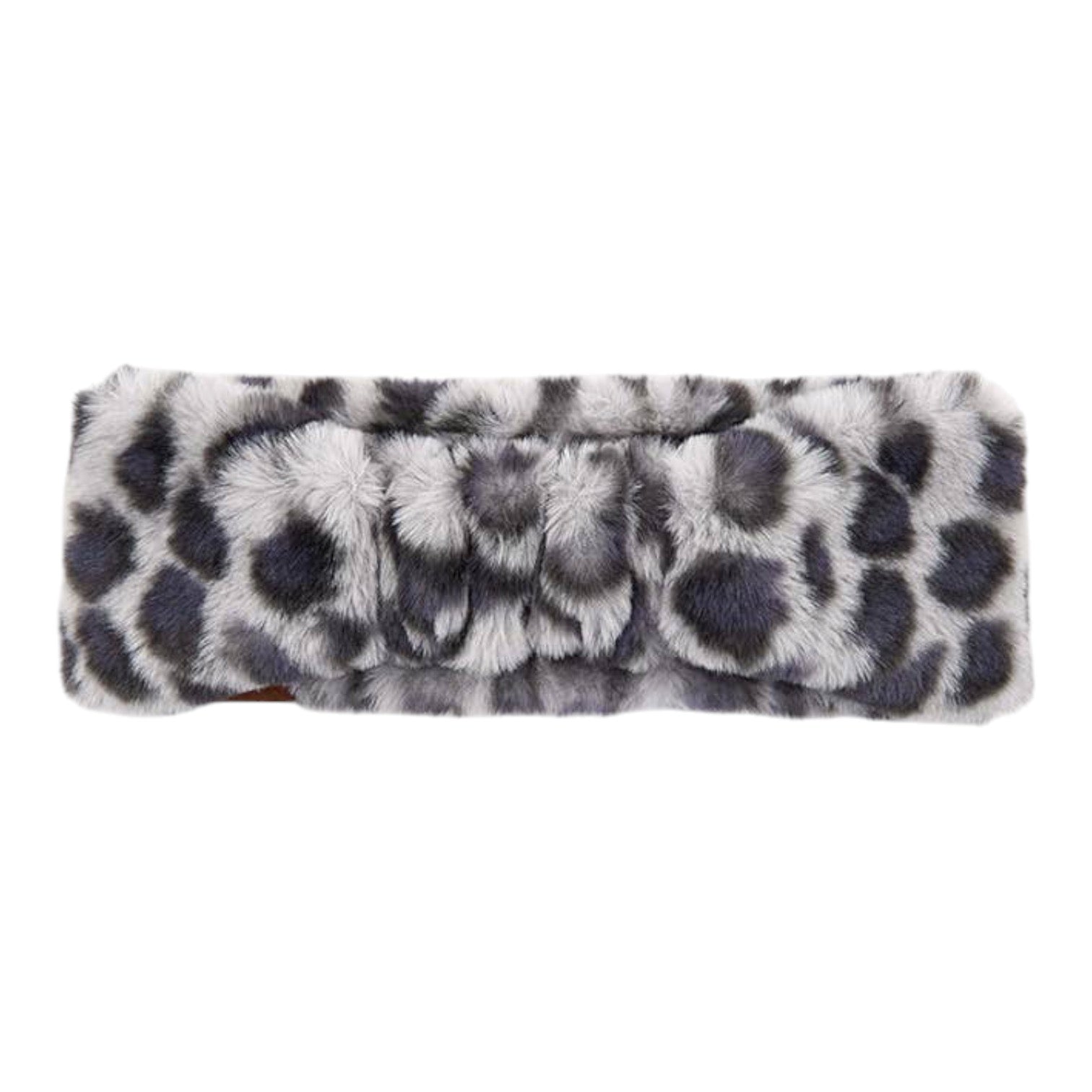 A plush faux fur headband with a gray and white leopard print pattern, shown against a plain white background.