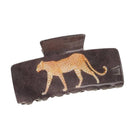 A dark brown hair claw clip featuring a textured herringbone pattern and a walking leopard design in the center, shown on a plain white background.
