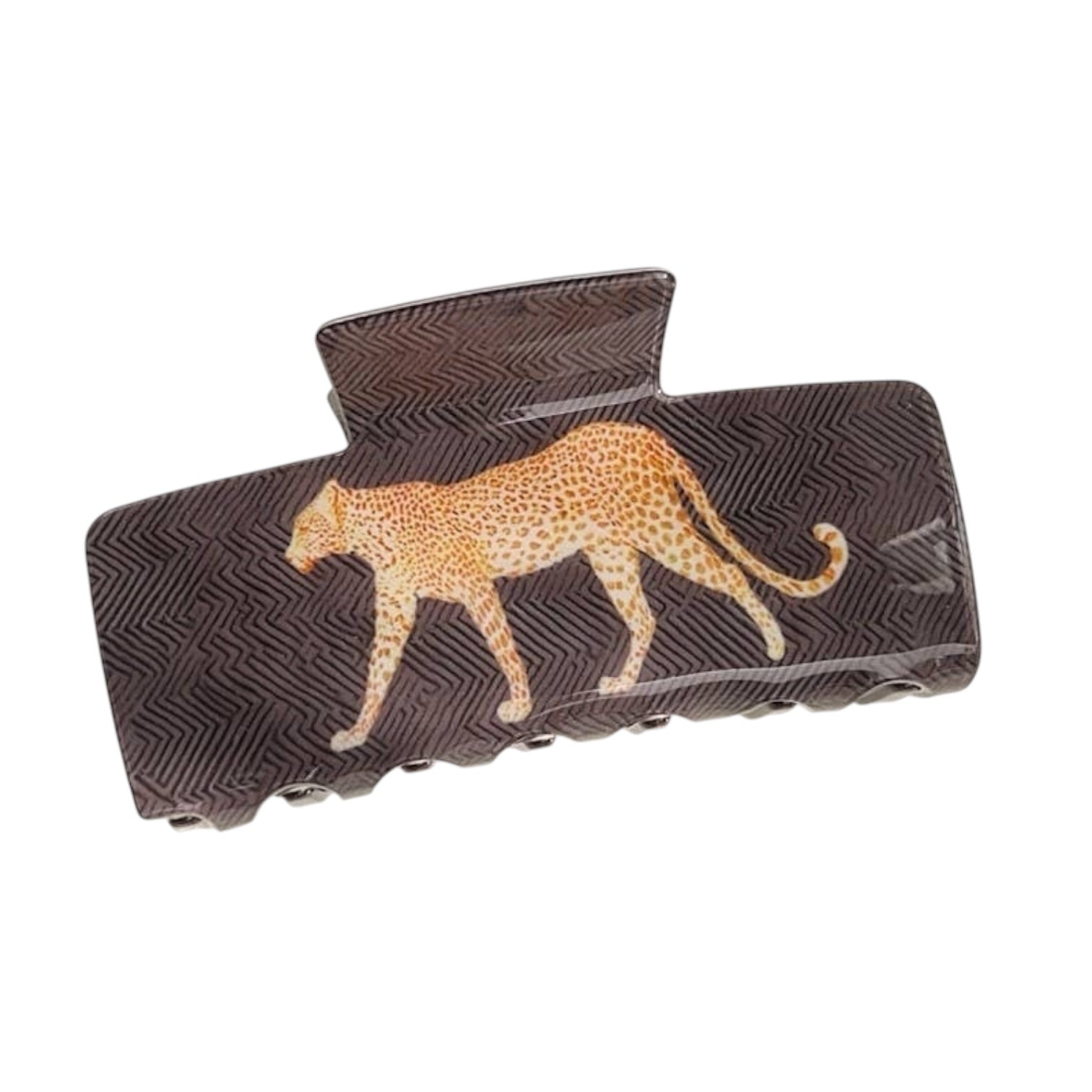 A dark brown hair claw clip featuring a textured herringbone pattern and a walking leopard design in the center, shown on a plain white background.