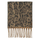 A rectangular scarf with a brown and beige leopard print pattern and fringed tassels along the bottom edge, shown flat against a white background.