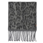Leopard pattern fringe scarf, soft and stylish winter accessory.
